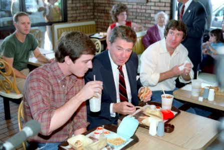 President Ronald Reagan visiting and eating lunch at a McDonalds restaurant in Tuscaloosa, Alabama