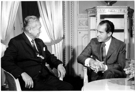President Richard Nixon and General Jesus Vargas, Secretary General of SEATO, at Borom Phiman Mansion, Bangkok, Thailand