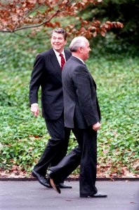 President Ronald Reagan walks with Mikhail Gorbachev on the South Lawn