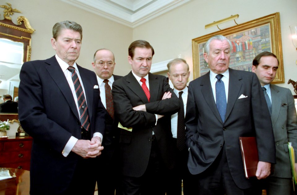 President Ronald Reagan watching television replay of Space Shuttle Challenger explosion