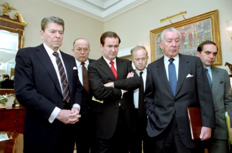 President Ronald Reagan watching television replay of Space Shuttle Challenger explosion