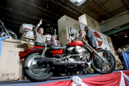 President Ronald Reagan Waving During a Trip to Pennsylvania to Visit The Harley Davidson Motorcycle Plant in York, Pennsylvania photo