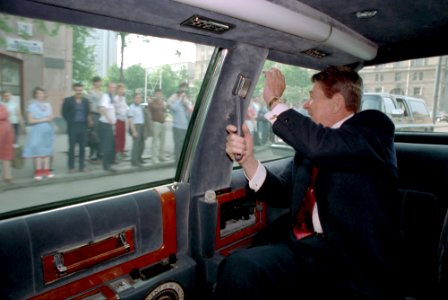 President Ronald Reagan waving to Moscow citizens photo