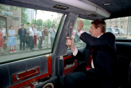 President Ronald Reagan waving to Moscow citizens