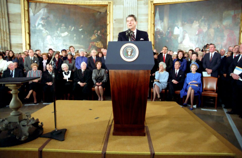President Ronald Reagan speaking at the Inaugural Ceremony in the United States Capitol Rotunda in Washington DC