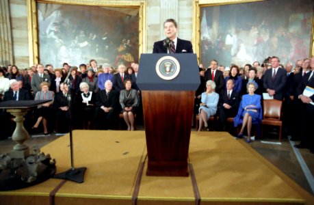 President Ronald Reagan speaking at the Inaugural Ceremony in the United States Capitol Rotunda in Washington DC