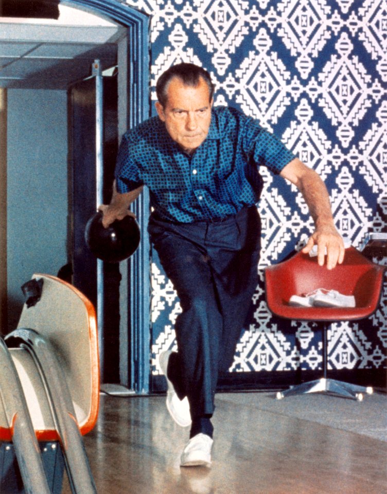 President Richard Nixon bowling at the White House