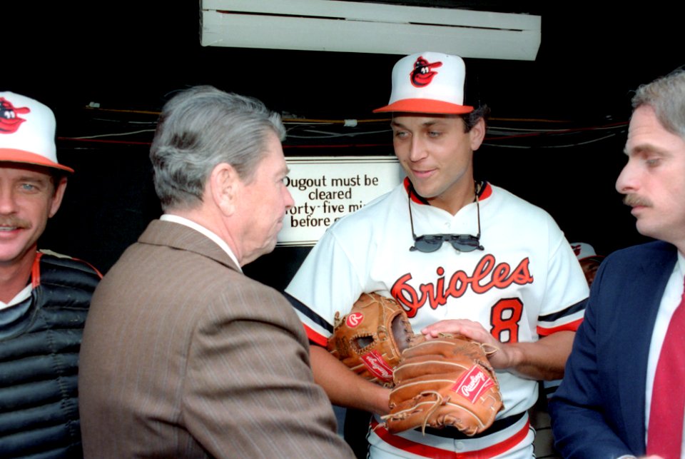 President Ronald Reagan talking with Cal Ripken Jr