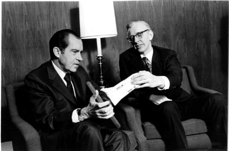 President Richard Nixon Holds a Model of the Space Shuttle with NASA Director Dr. James Fletcher