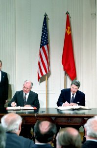 President Ronald Reagan and Soviet General Mikhail Gorbachev signing the INF Treaty in the East Room