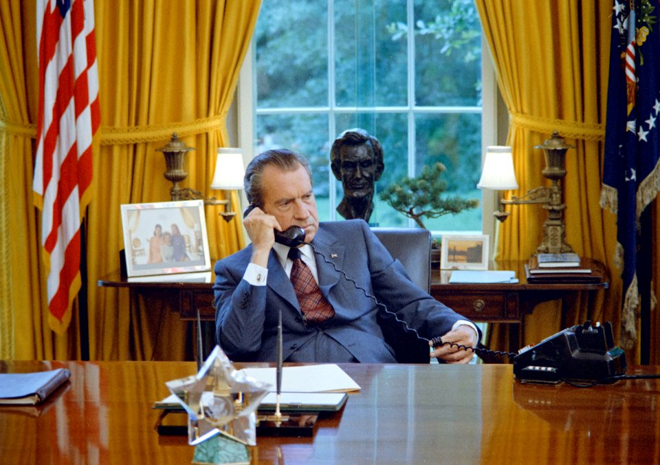 President Richard Nixon on the Telephone at the Oval Office Desk
