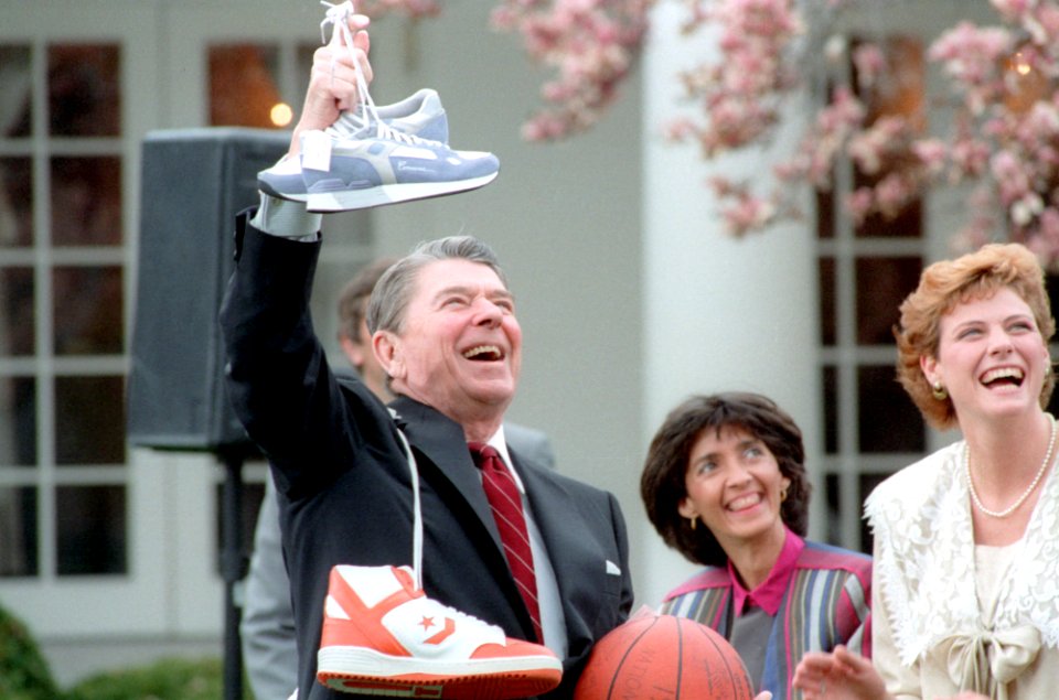 President Ronald Reagan with the Tennessee Volunteers Women's basketball team NCAA champions in the Rose Garden