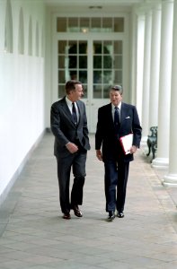 President Ronald Reagan walking with Vice President George H. W. Bush along the Colonnade photo
