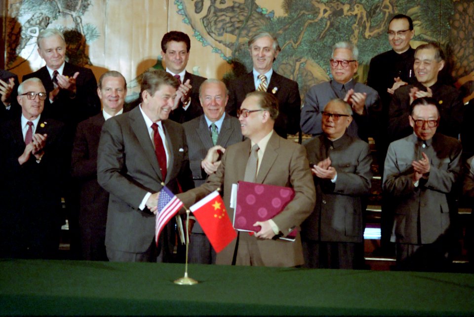 President Ronald Reagan and Zhao Ziyang at the signing ceremony for Four U.S.-China agreements at the Great Hall of the People in Beijing Peoples Republic of China