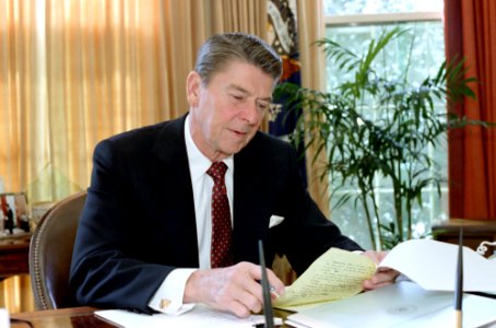 President Ronald Reagan working on his State of the Union speech