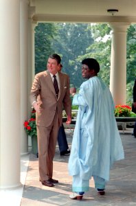 President Ronald Reagan with Chairman of Liberia Samuel Doe on the White House colonnade