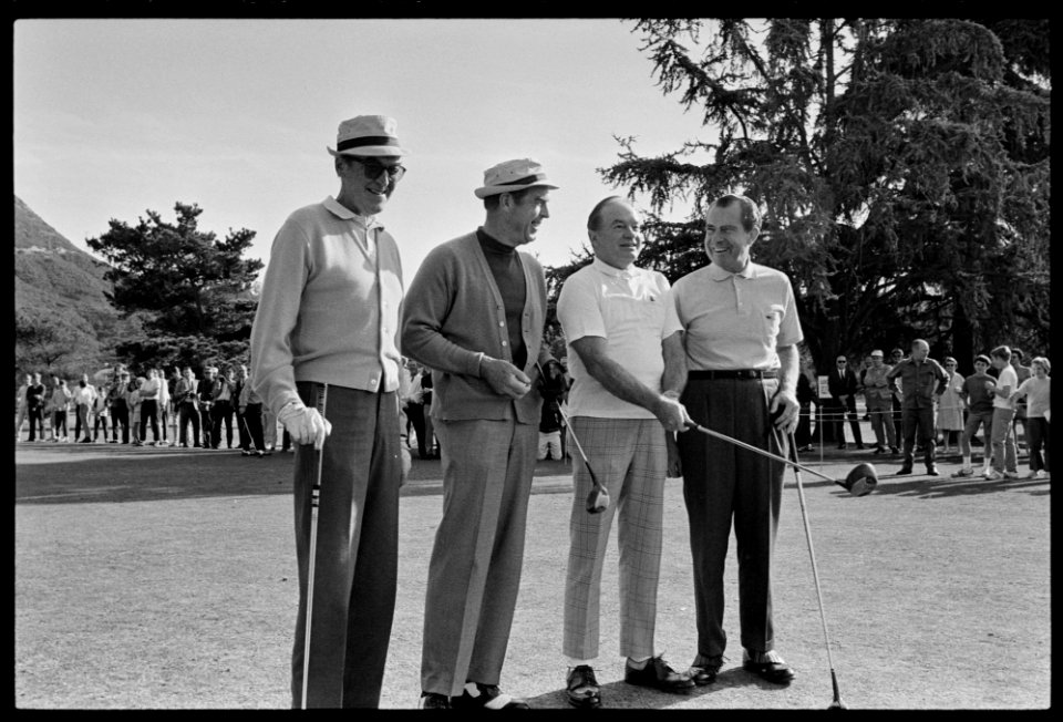 President Richard Nixon, Bob Hope, Jimmy Stewart, and Fred MacMurray at Lakeside Golf Course in Los Angeles (Toluca Lake), CA