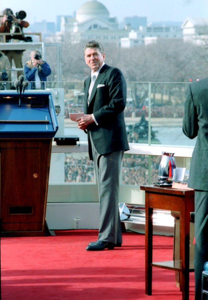 President Ronald Reagan at Inaugural swearing in ceremony at US Capitol