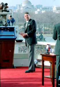President Ronald Reagan at Inaugural swearing in ceremony at US Capitol