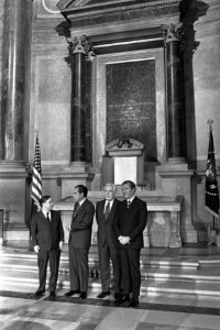 President Richard Nixon, Speaker of the House Carl Albert, Chief Justice Warren Burger, and David Mahoney, Chairman of the Bicentennial Commission at the National Archives