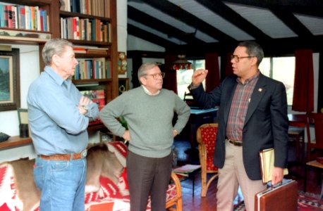 President Ronald Reagan, Howard Baker, and Colin Powell photo