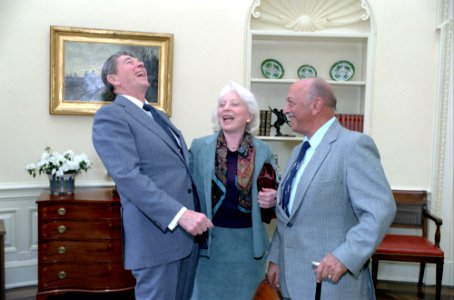 President Ronald Reagan with Mel Blanc and Estelle Blanc in the Oval Office photo