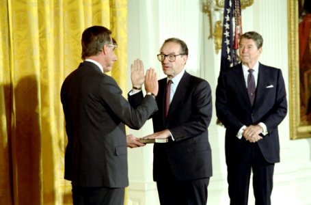 President Ronald Reagan attends the swearing-in ceremony for Alan Greenspan as Chairman of the Federal Reserve Board in the East Room