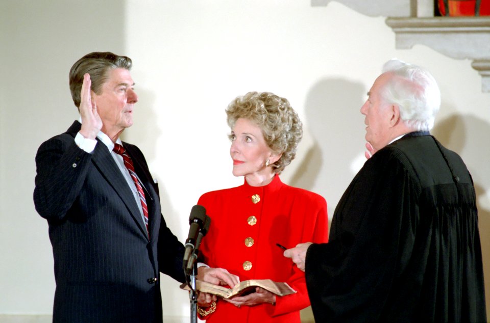 President Ronald Reagan Being Sworn in for a Second Term by Chief Justice Warren Burger as Nancy Reagan Observes during the Private Ceremony at the White House