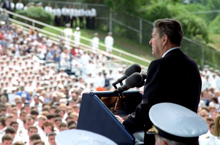 President Ronald Reagan addressing the 1985 Graduating Class of the United States Naval Academy photo