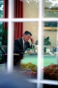 President Ronald Reagan drafts his speech to the Nation on Lebanon and Grenada in the Oval Office