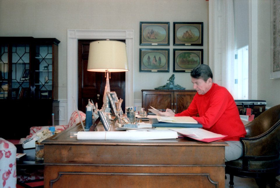 President Ronald Reagan working in the Residence Study