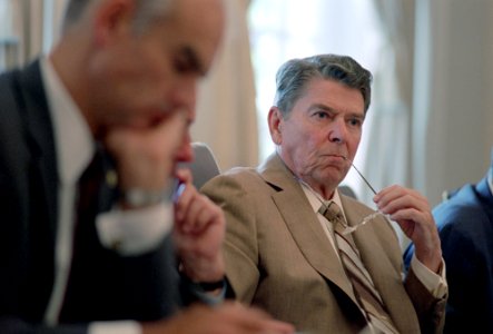 President Ronald Reagan during a Cabinet meeting