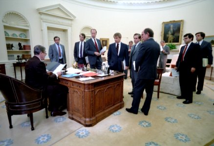 President Ronald Reagan during a meeting for a National Security Briefing