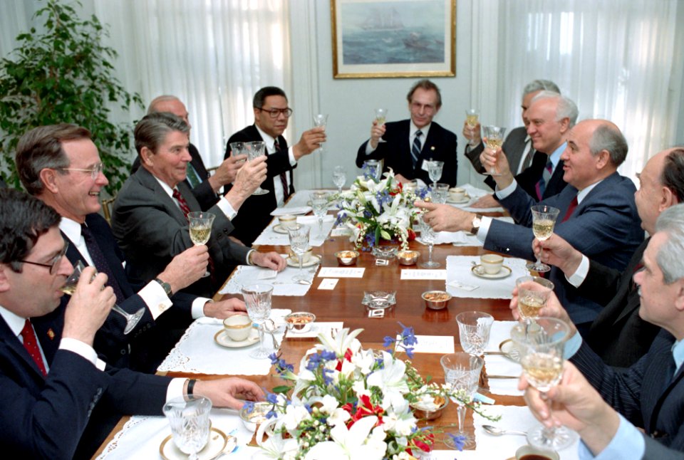 President Ronald Reagan, George H. W. Bush, and Mikhail Gorbachev during a trip to New York