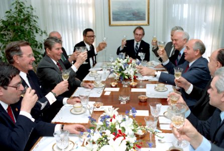 President Ronald Reagan, George H. W. Bush, and Mikhail Gorbachev during a trip to New York photo