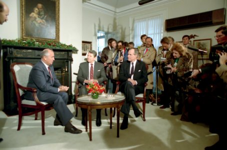 President Ronald Reagan and George H. W. Bush meeting with General Secretary Mikhail Gorbachev photo