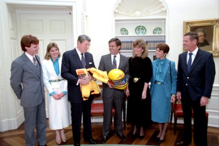 President Ronald Reagan during a photo op with Al Unser Jr., Bobby Unser, Al Unser Sr., Karen Unser, Shelley Unser, and Marsha Unser photo