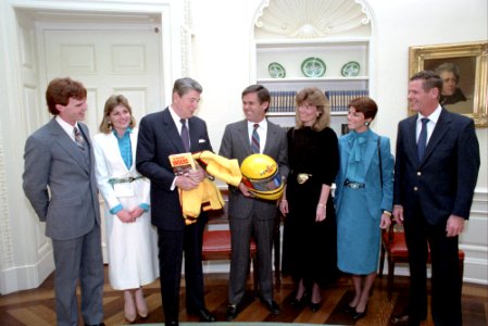 President Ronald Reagan during a photo op with Al Unser Jr., Bobby Unser, Al Unser Sr., Karen Unser, Shelley Unser, and Marsha Unser