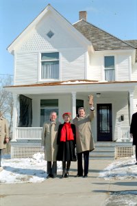 President Ronald Reagan, Nancy Reagan, and Neil Reagan Outside The Reagan Boyhood Home in Dixon, Illinois