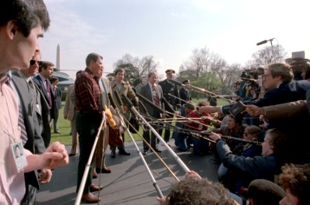 President Ronald Reagan during a question and answer session with the press on the South Lawn