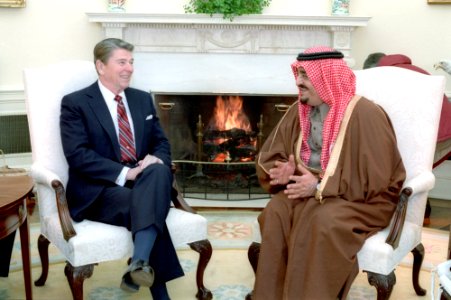 President Ronald Reagan and King Fahd of Saudi Arabia meeting in the Oval Office photo