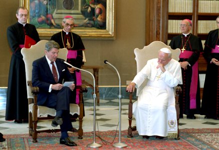 President Ronald Reagan during a trip to Italy and a visit with The Pope in the Library of the Vatican Pontifical Palace