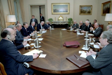 President Ronald Reagan and Mikhail Gorbachev during the second plenary session photo