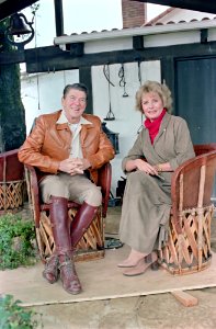 President Ronald Reagan during an interview with Barbara Walters at Rancho Del Cielo during Thanksgiving trip photo