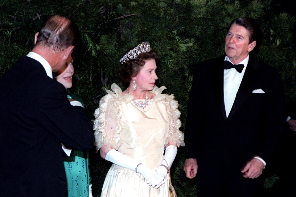 President Ronald Reagan and Mrs. Nancy Reagan attend a state dinner with Queen Elizabeth II and Prince Philip