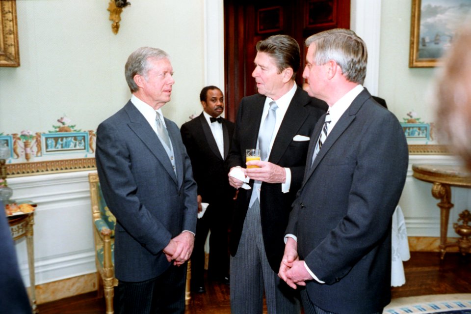 President Ronald Reagan, President Jimmy Carter, and Vice President Walter Mondale