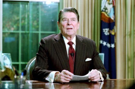 President Ronald Reagan during his address to the Nation on Iran Contra Controversy in the Oval Office photo