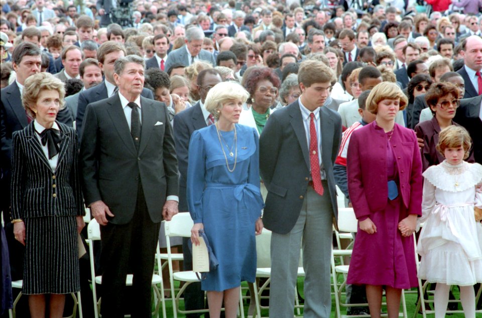 President Ronald Reagan and Nancy Reagan and families of the Challenger victims at the memorial service for the space shuttle crew in Houston Texas