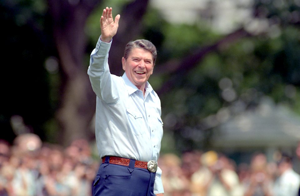 President Ronald Reagan during his departure via Marine One for Camp David on the South Lawn