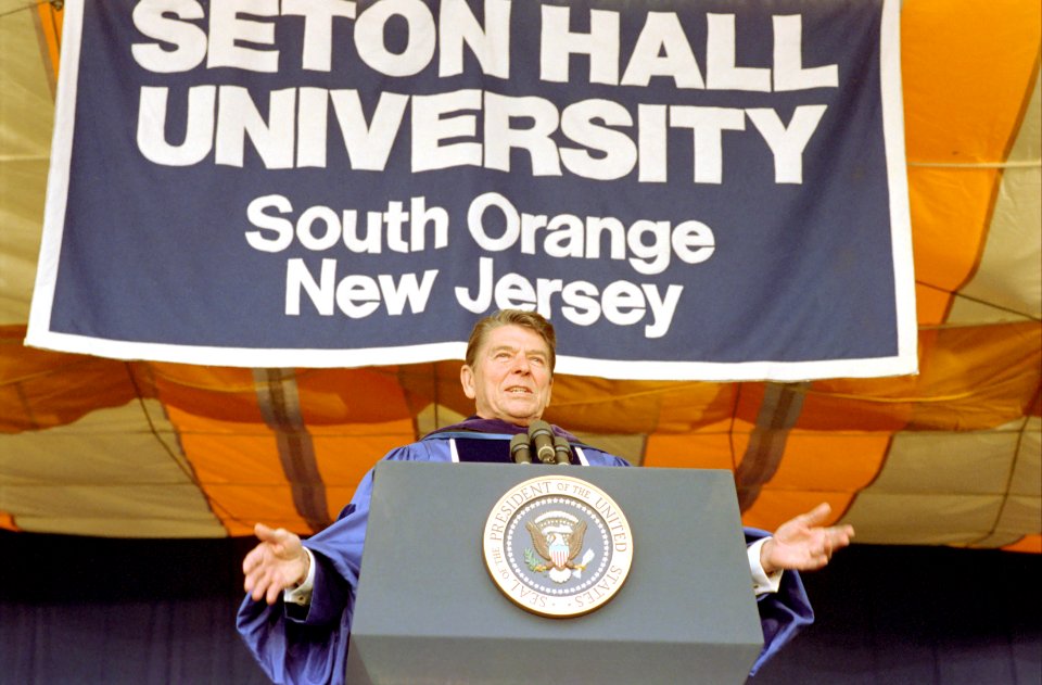 President Ronald Reagan during his speech at Seton Hall University's commencement ceremony in South Orange, New Jersey
